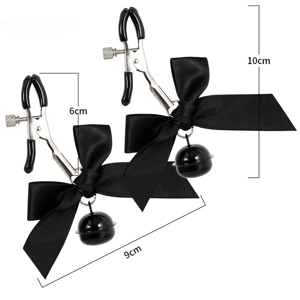 Pretty metal clamps covered in rubber. The clamp has a screw that allows you to adjust its clamping power to your specific tastes. The end of each clip is decorated with a small satin bow and a matching colored bell.