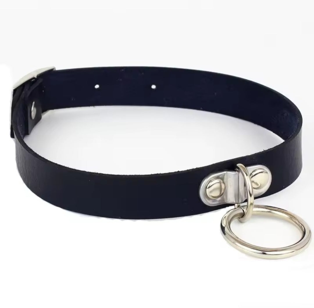 Black submissive collar with front metal ring