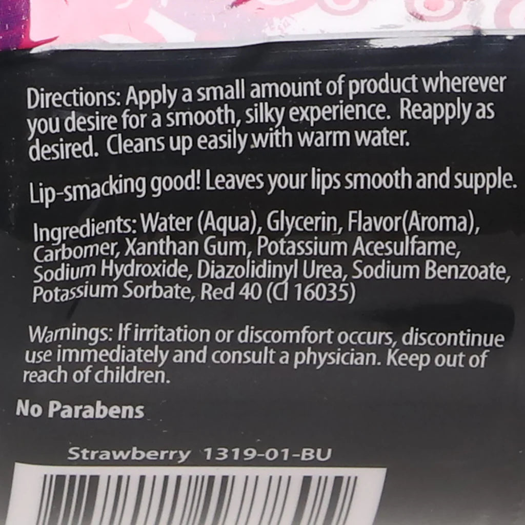 Container of strawberry flavored oral sex gel with silky texture designed for oral play, foreplay, and intimate couples use