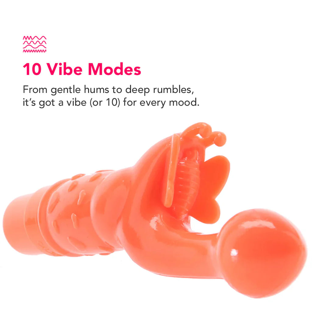 Orange rechargeable Butterfly Kiss vibrator with curved G-spot stimulator and butterfly-style clitoral teaser for dual stimulation.