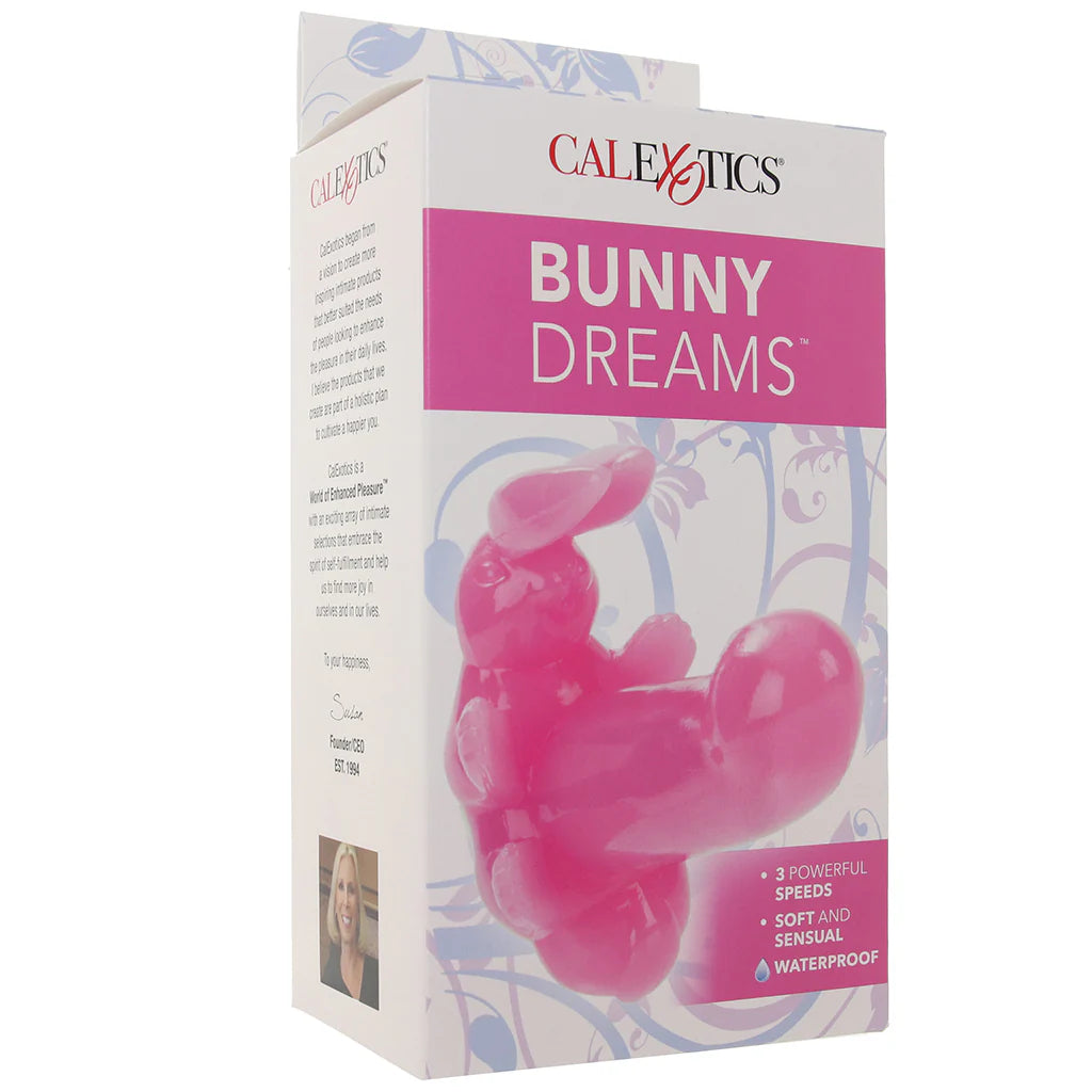 Pink Bunny Dreams rabbit vibrator with curved shaft and bunny-style clitoral stimulator for dual stimulation.