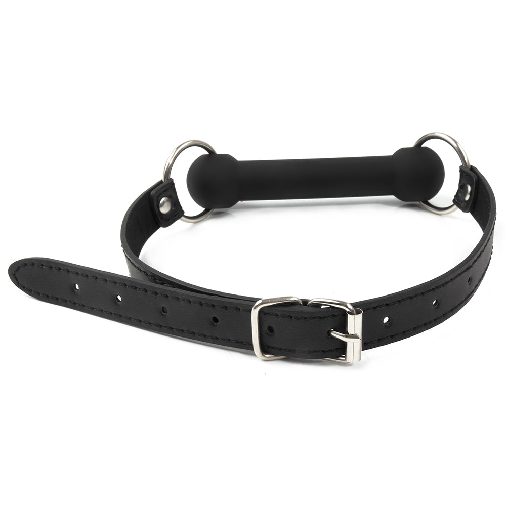 Black silicone straight bar bit gag with adjustable straps