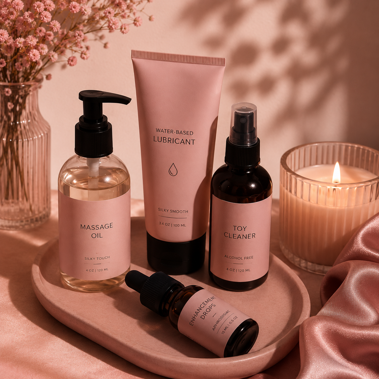 Explore lubricants, massage oils, toy cleaners, enhancement products, sensual candles and intimate care products curated for playful and relaxing experiences.