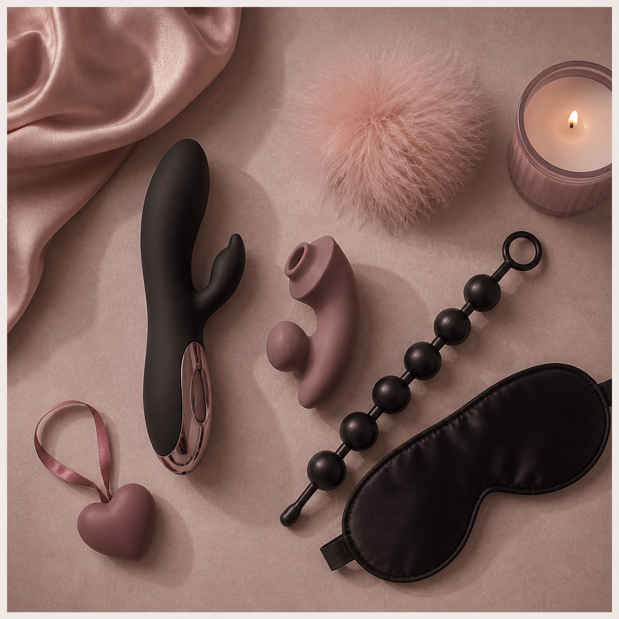 Luxury themed pleasure kit collection featuring sex toys, lingerie, games, and intimate accessories on blush satin fabric with warm elegant lighting