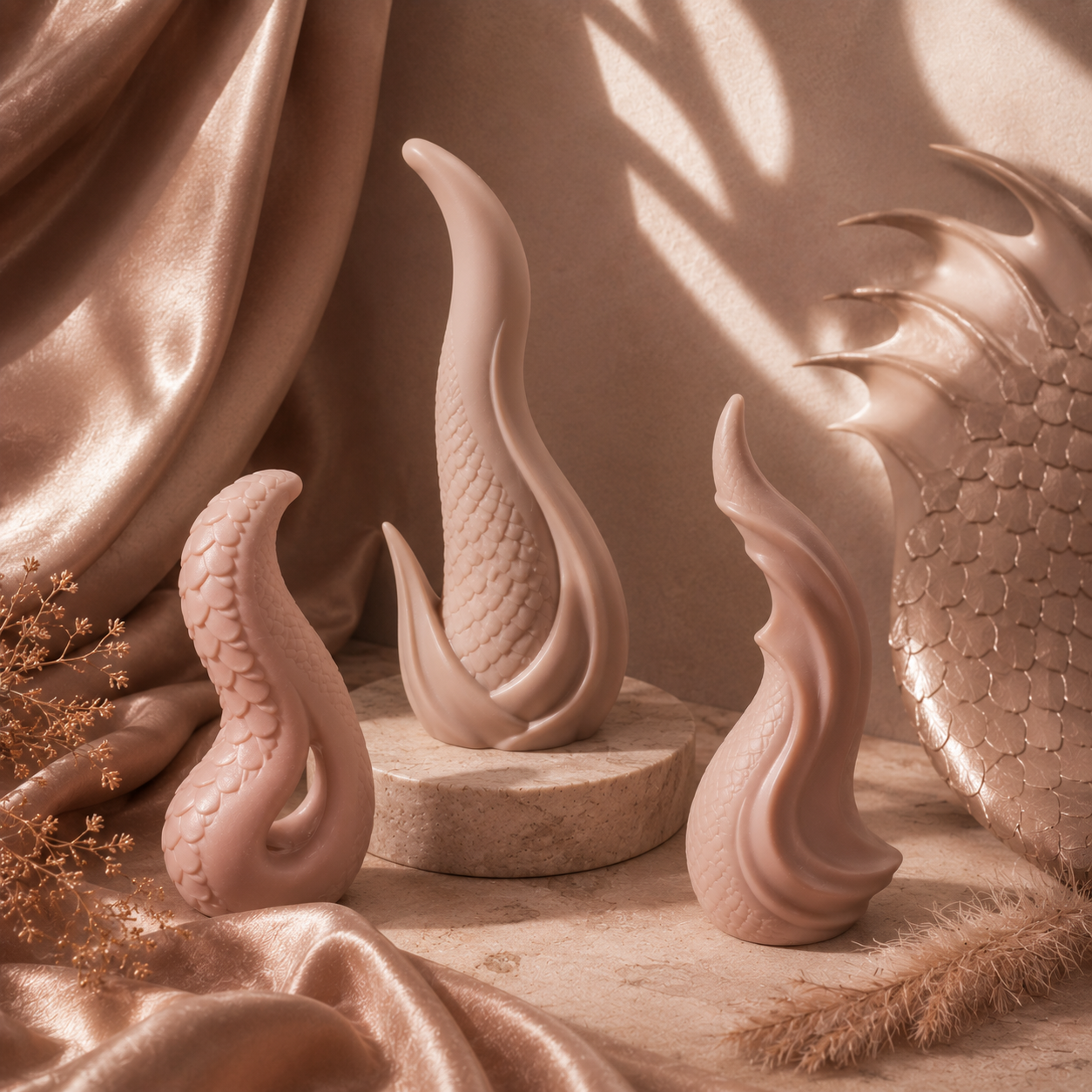 Fantasy-inspired silicone toys with dragon-scale textures and creature-inspired shapes displayed in a soft luxury fantasy collection setting.