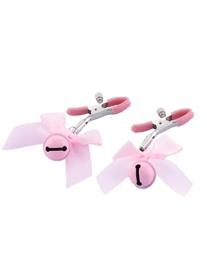 Pretty metal clamps covered in rubber. The clamp has a screw that allows you to adjust its clamping power to your specific tastes. The end of each clip is decorated with a small satin bow and a matching colored bell.