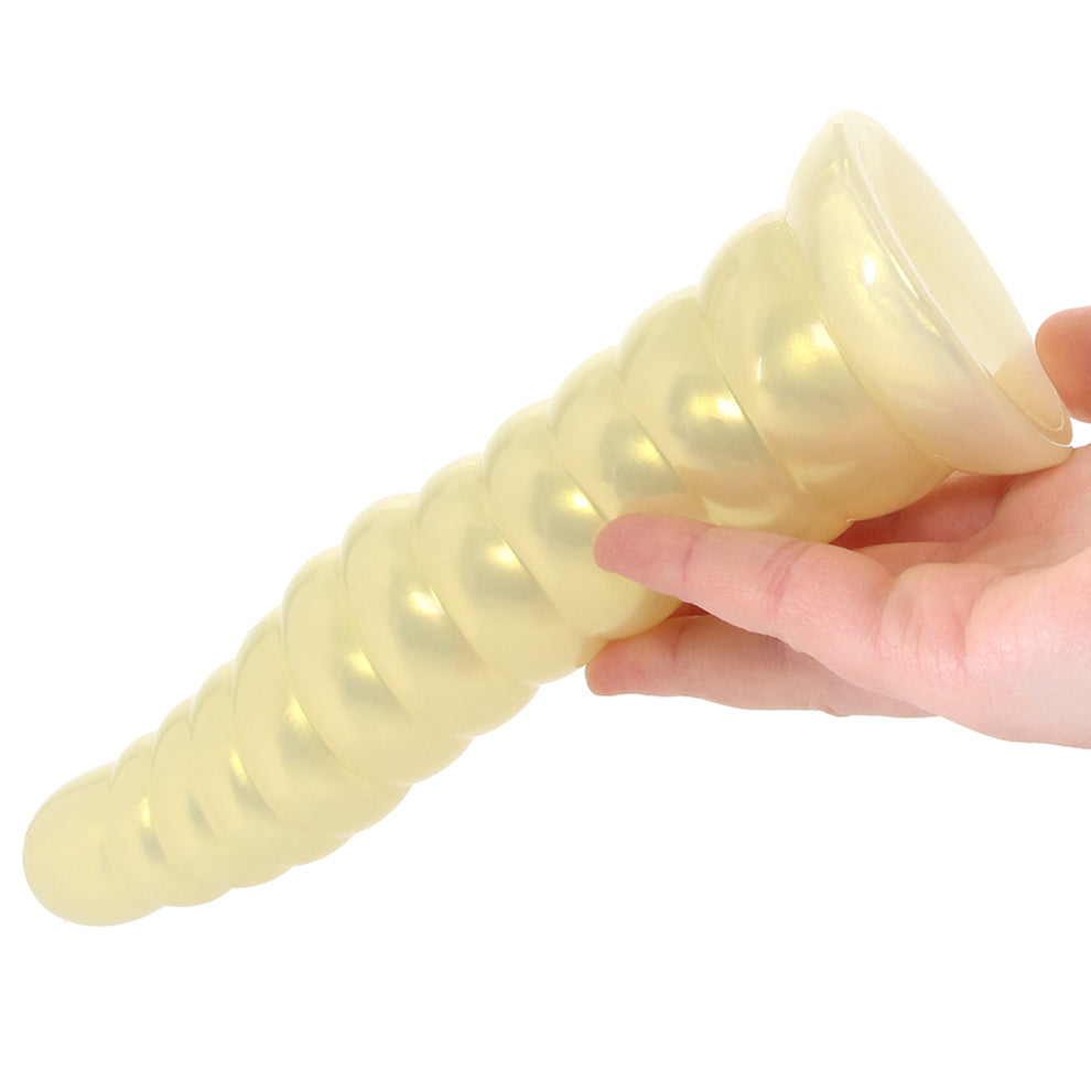 Amber textured flexible dildo with suction cup base and strap-on compatible ribbed shaft for G-spot and anal stimulation