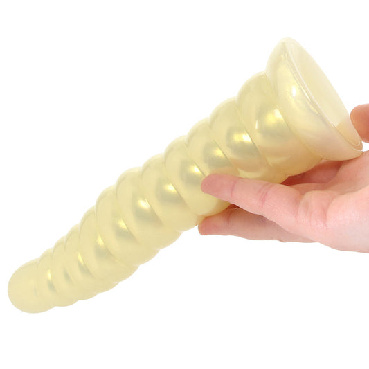 Amber textured flexible dildo with suction cup base and strap-on compatible ribbed shaft for G-spot and anal stimulation