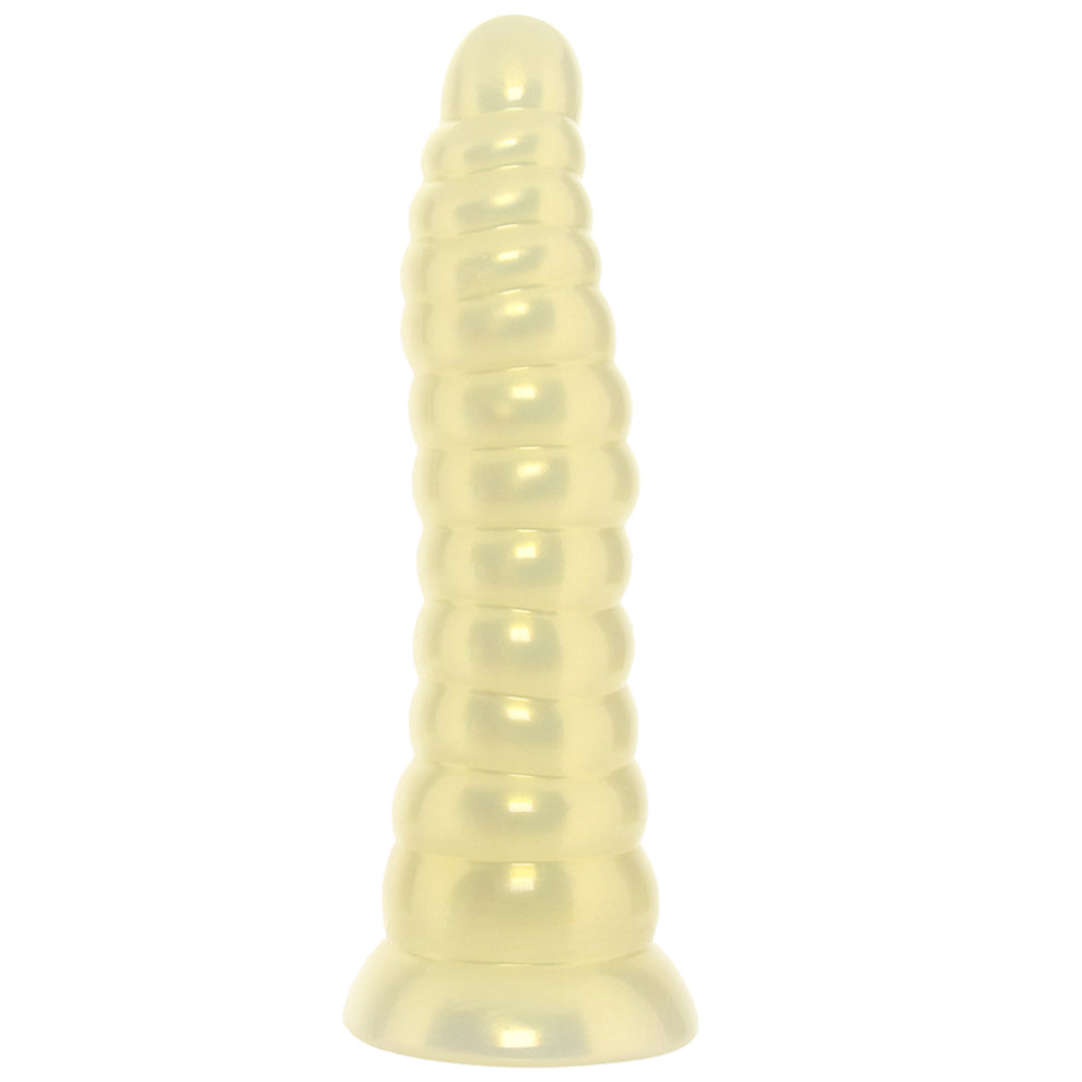 Amber textured flexible dildo with suction cup base and strap-on compatible ribbed shaft for G-spot and anal stimulation