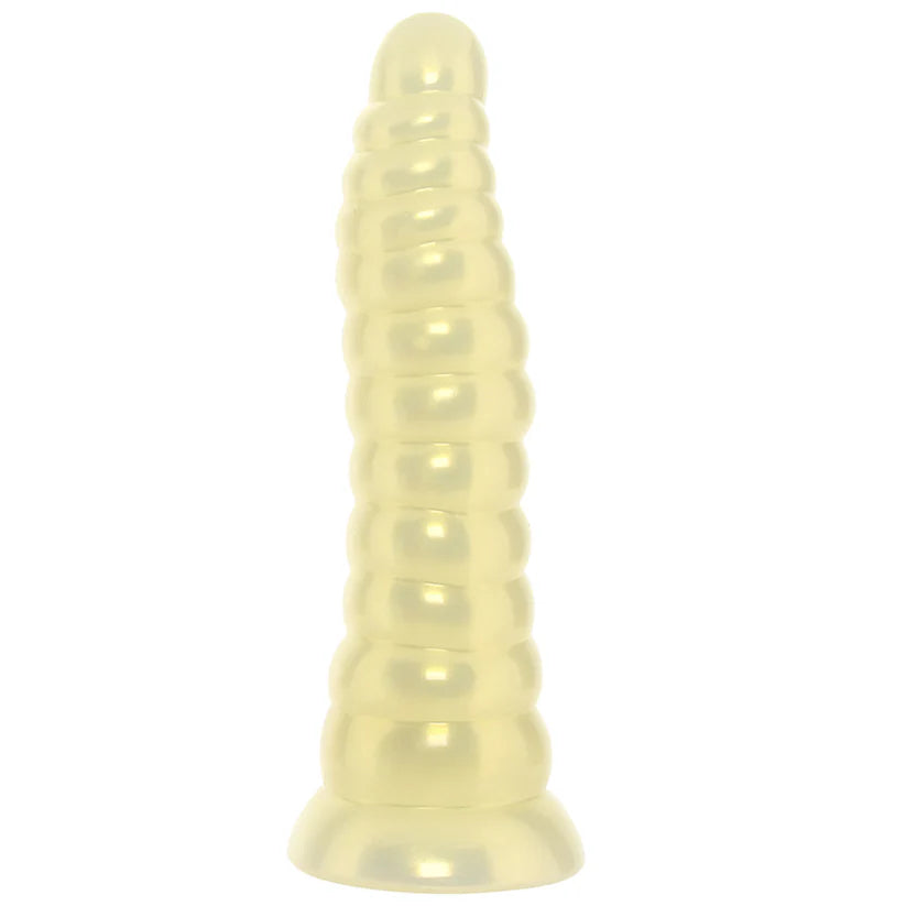 Amber textured flexible dildo with suction cup base and strap-on compatible ribbed shaft for G-spot and anal stimulation