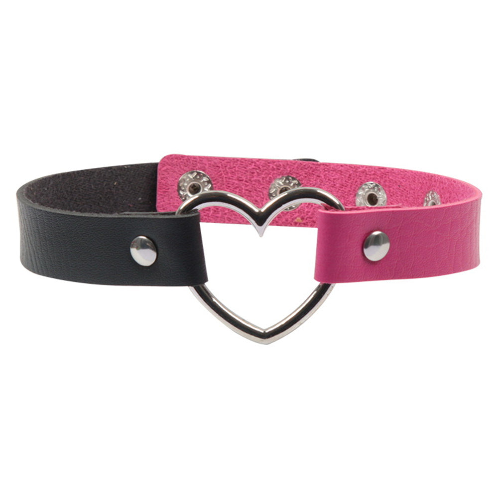 Bicolor PU leather choker collar with heart metal ring