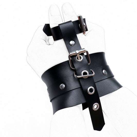 Black PU leather thumb restraint cuffs with metal hardware