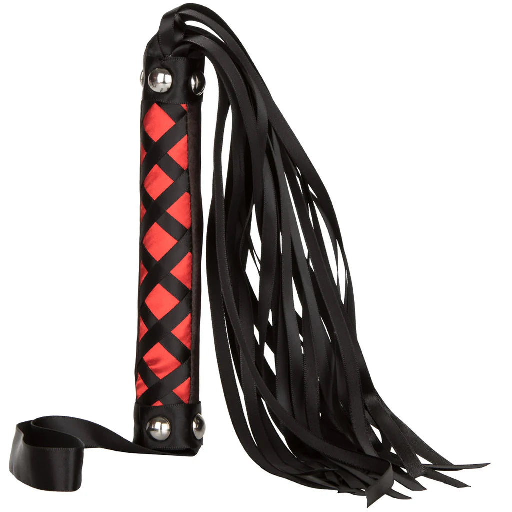 Black and red satin BDSM flogger whip with silky tails and wrist strap for couples impact play and sensory teasing
