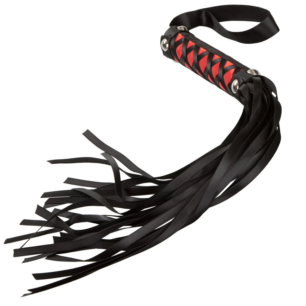 Black and red satin BDSM flogger whip with silky tails and wrist strap for couples impact play and sensory teasing