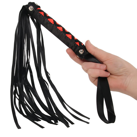 Black and red satin BDSM flogger whip with silky tails and wrist strap for couples impact play and sensory teasing