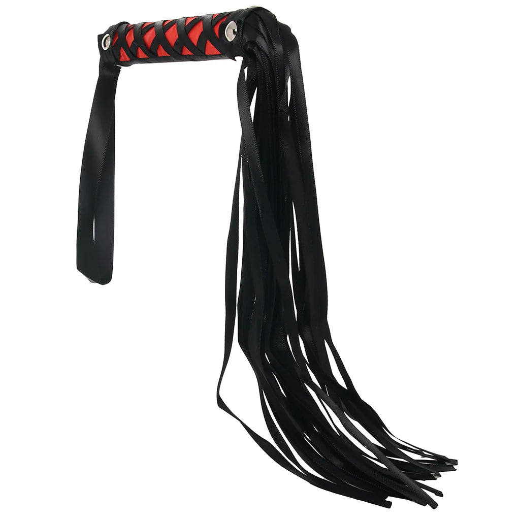 Black and red satin BDSM flogger whip with silky tails and wrist strap for couples impact play and sensory teasing
