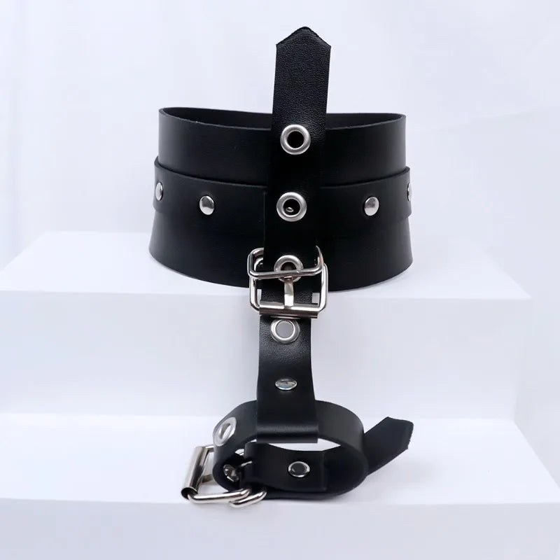 Black PU leather thumb restraint cuffs with metal hardware