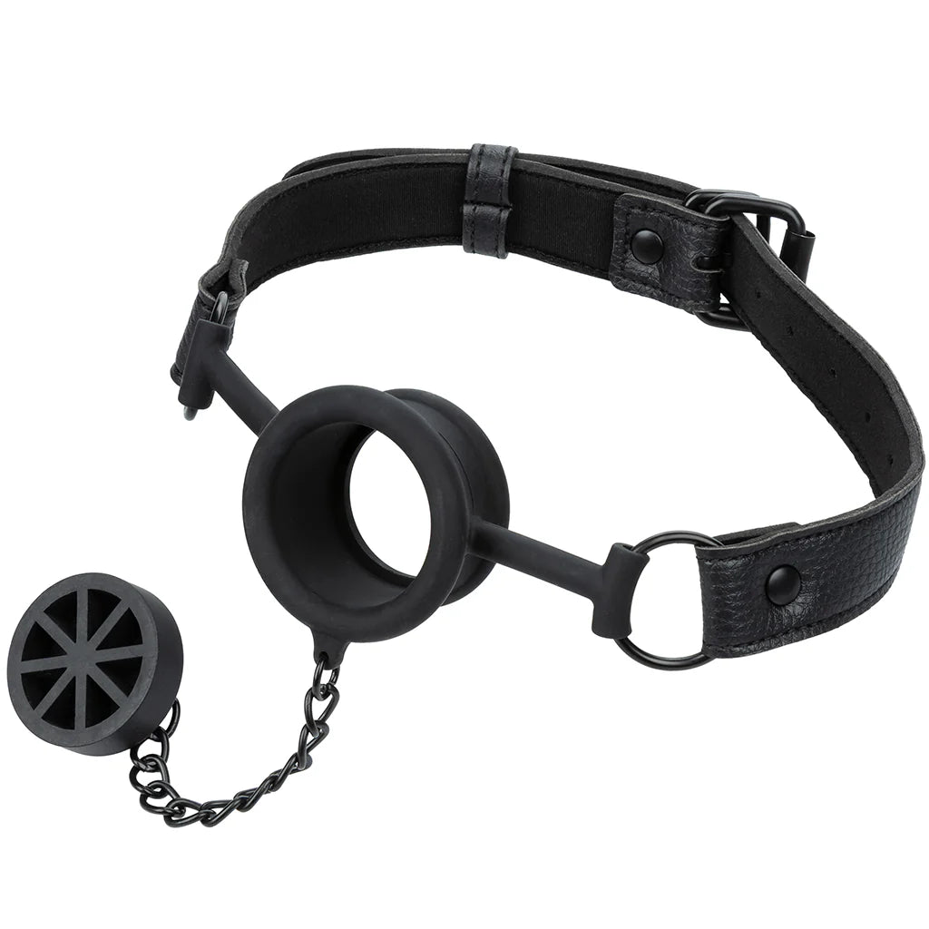 Black silicone open mouth ring gag with removable stopper plug and adjustable bondage strap
