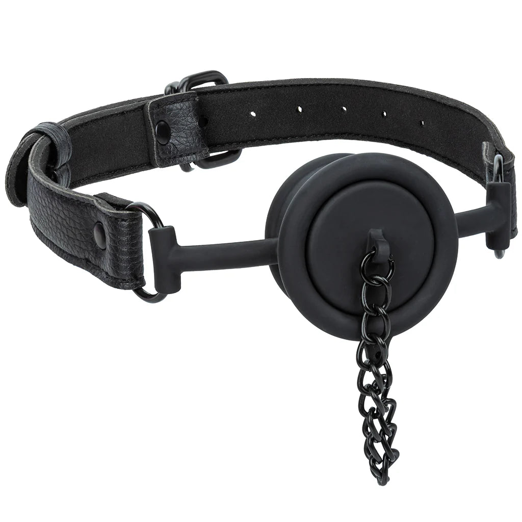 Black silicone open mouth ring gag with removable stopper plug and adjustable bondage strap