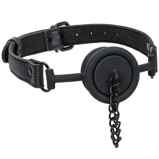 Black silicone open mouth ring gag with removable stopper plug and adjustable bondage strap