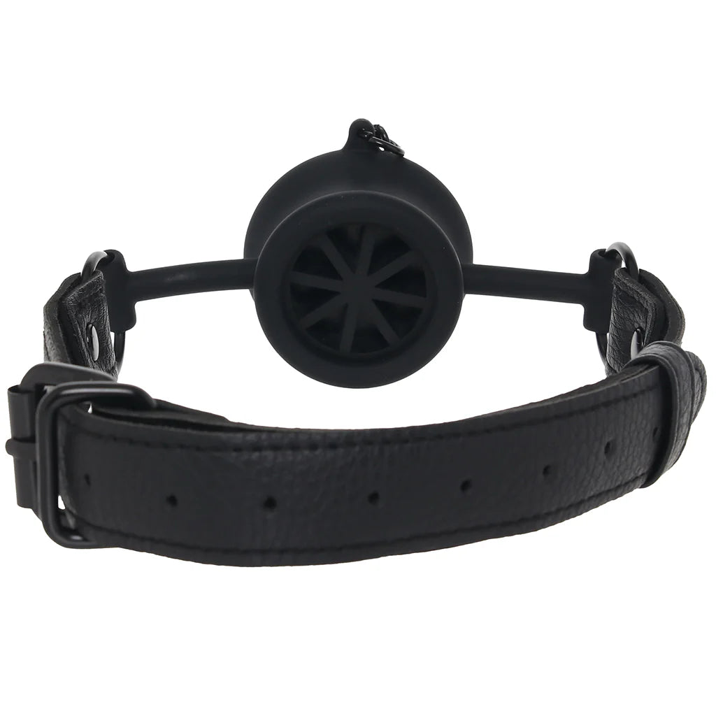 Black silicone open mouth ring gag with removable stopper plug and adjustable bondage strap