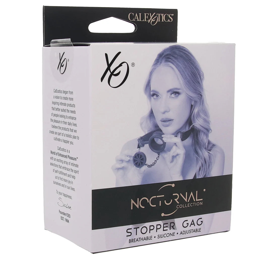 Black silicone open mouth ring gag with removable stopper plug and adjustable bondage strap