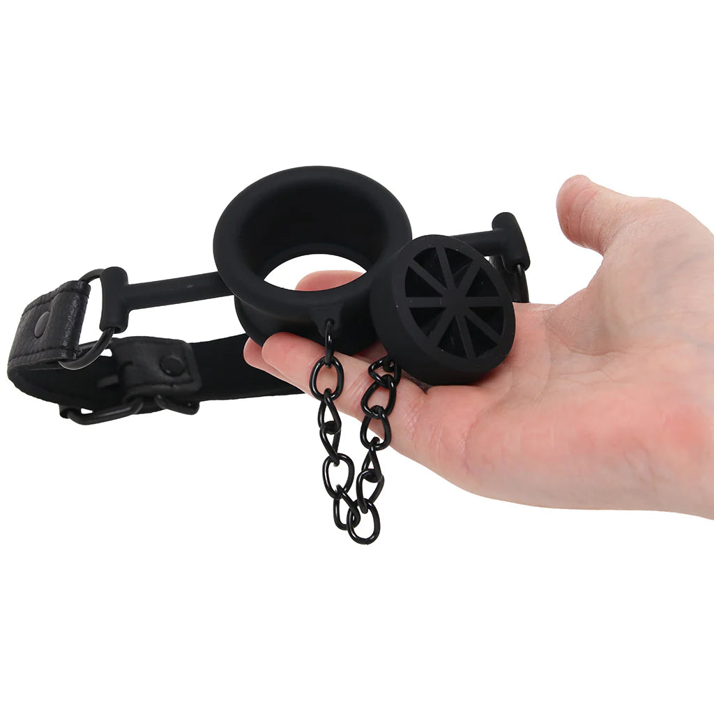 Black silicone open mouth ring gag with removable stopper plug and adjustable bondage strap