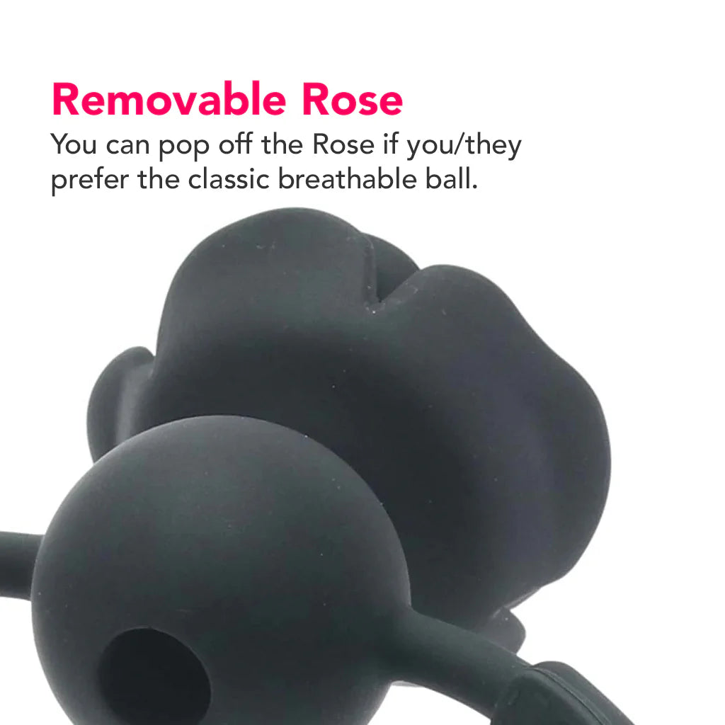 Black silicone rose ball gag with removable flower cover and breathable BDSM mouth gag
