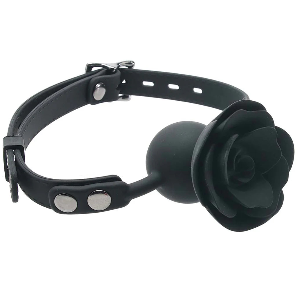 Black silicone rose ball gag with removable flower cover and breathable BDSM mouth gag