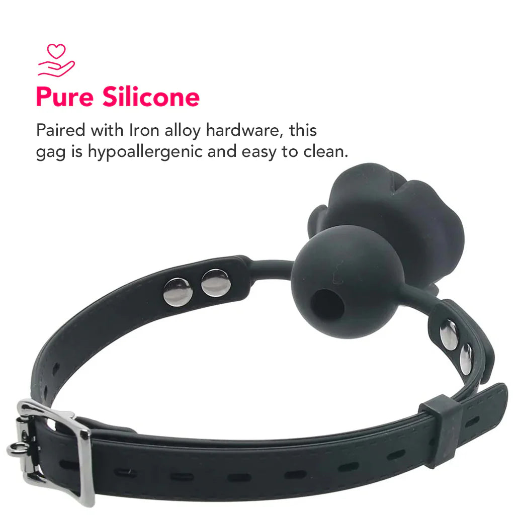 Black silicone rose ball gag with removable flower cover and breathable BDSM mouth gag