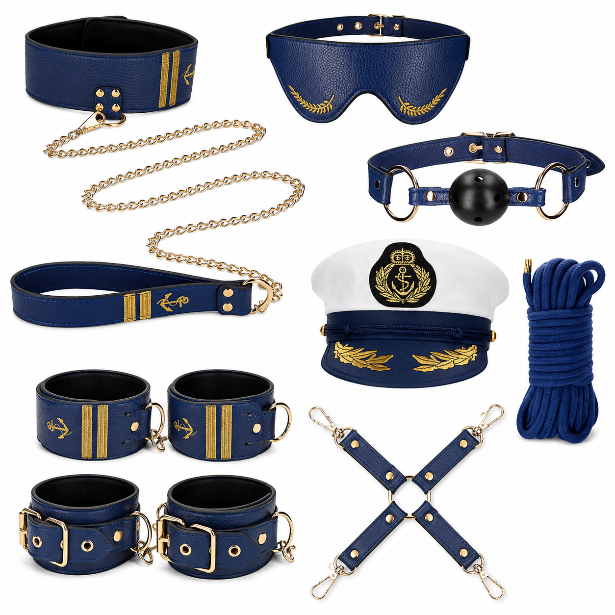 Blue sailor themed BDSM bondage kit with cuffs collar leash blindfold and rope for couples