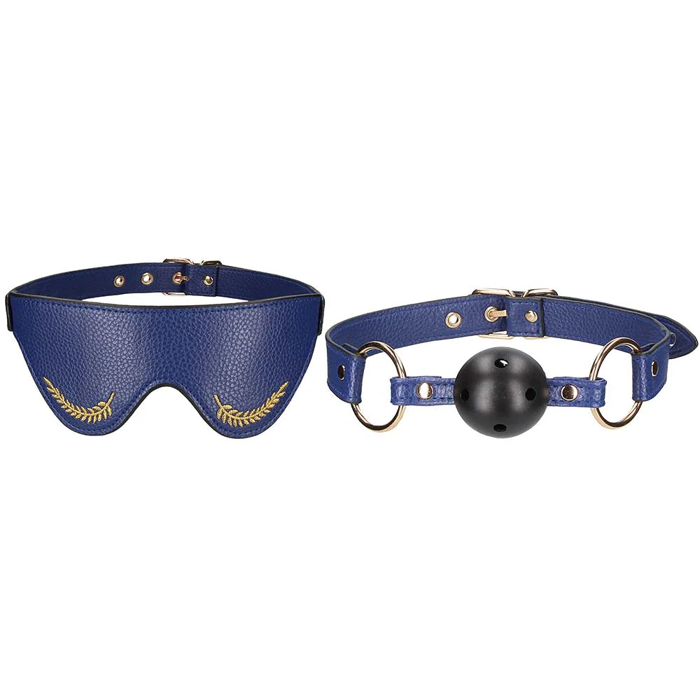 Blue sailor themed BDSM bondage kit with cuffs collar leash blindfold and rope for couples
