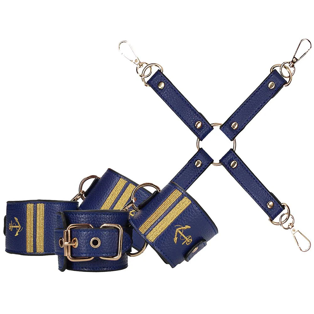 Blue sailor themed BDSM bondage kit with cuffs collar leash blindfold and rope for couples