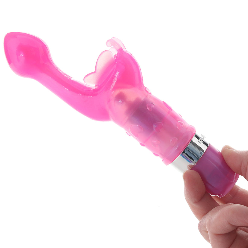 atures a tapered, angled bulb tipping the head for foolproof G-spot pleasure, and a cupped, soft, butterfly shaped clitoral stimulator with tickling antennae and soft, fluttery wings.  9 functions of vibration, giving you lots of control over just how much intensity and sensation you want at the moment. 