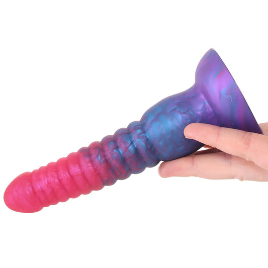Colours Stacked ribbed dildo with pink and blue marbled silicone and colorful non-realistic design