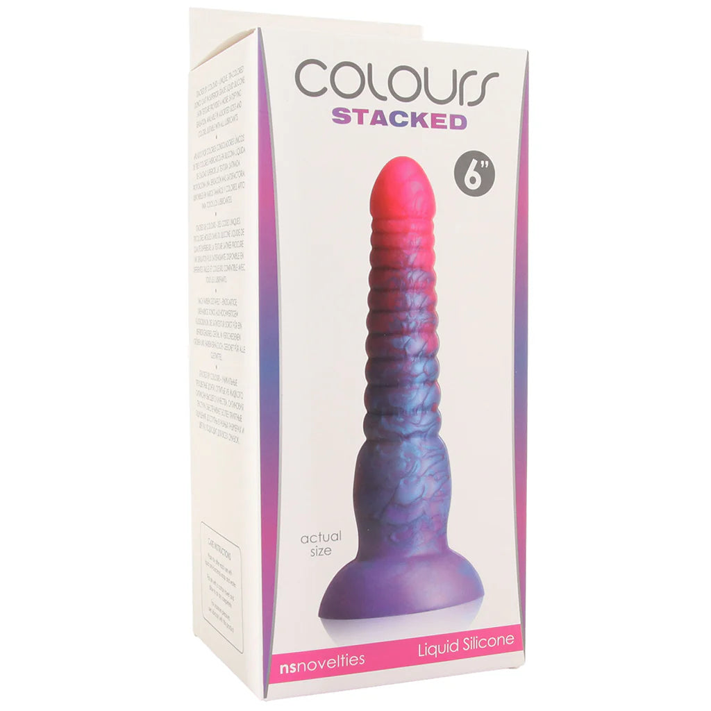 Colours Stacked ribbed dildo with pink and blue marbled silicone and colorful non-realistic design