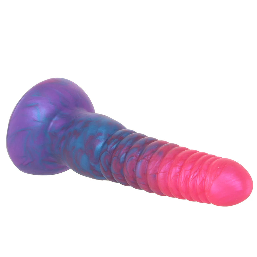 Colours Stacked ribbed dildo with pink and blue marbled silicone and colorful non-realistic design