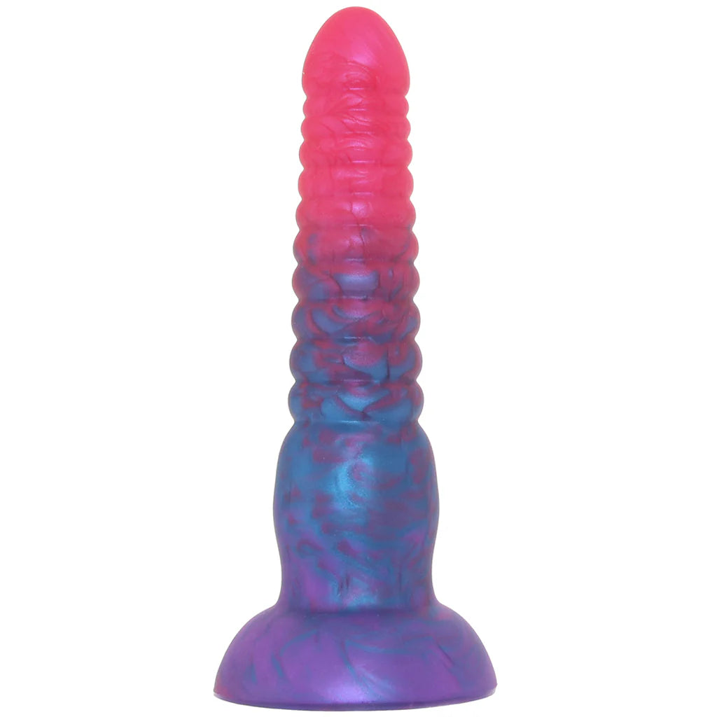 Colours Stacked ribbed dildo with pink and blue marbled silicone and colorful non-realistic design