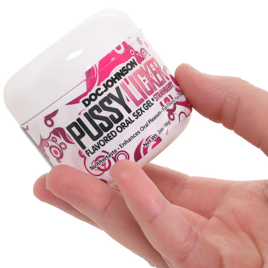 Container of strawberry flavored oral sex gel with silky texture designed for oral play, foreplay, and intimate couples use