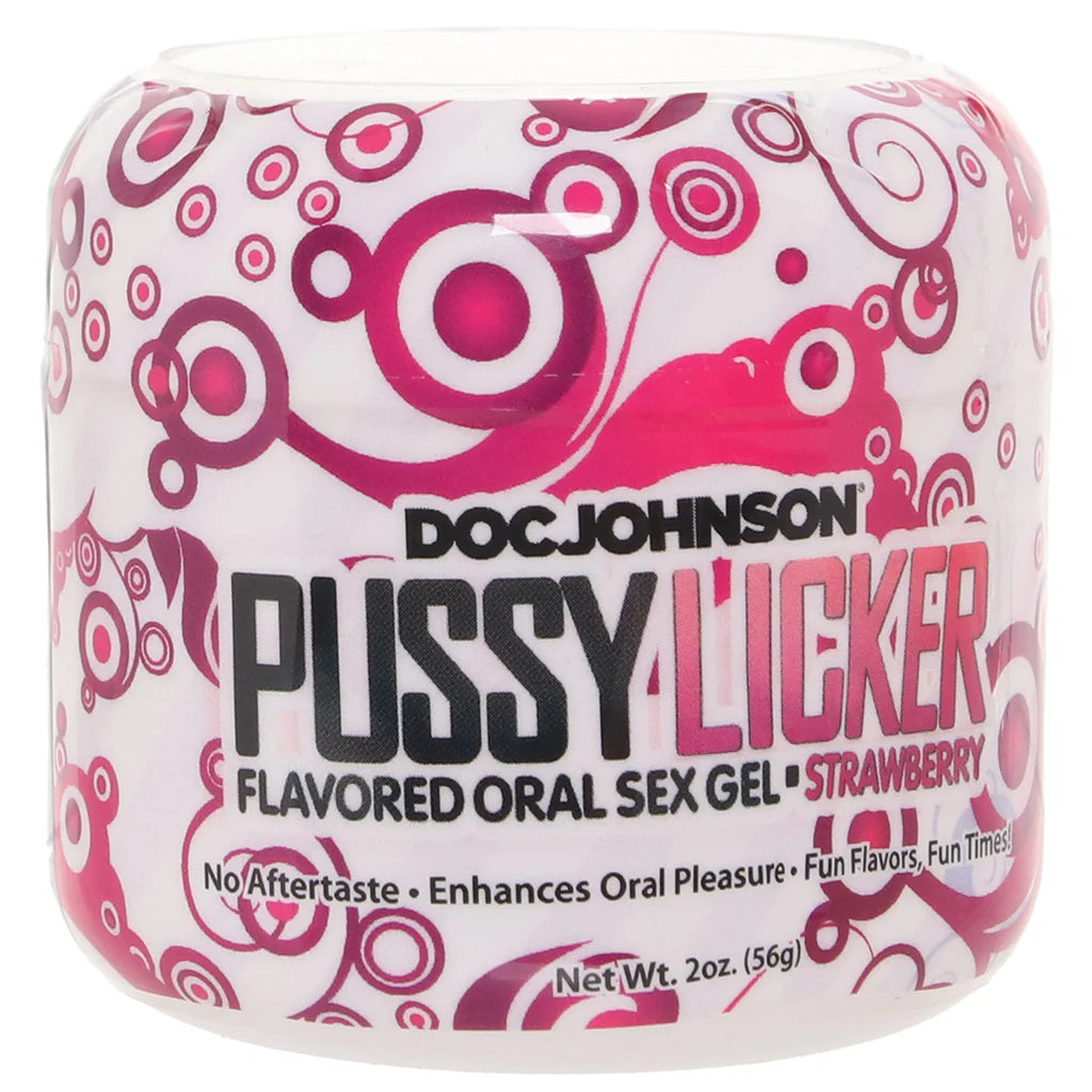 Container of strawberry flavored oral sex gel with silky texture designed for oral play, foreplay, and intimate couples use