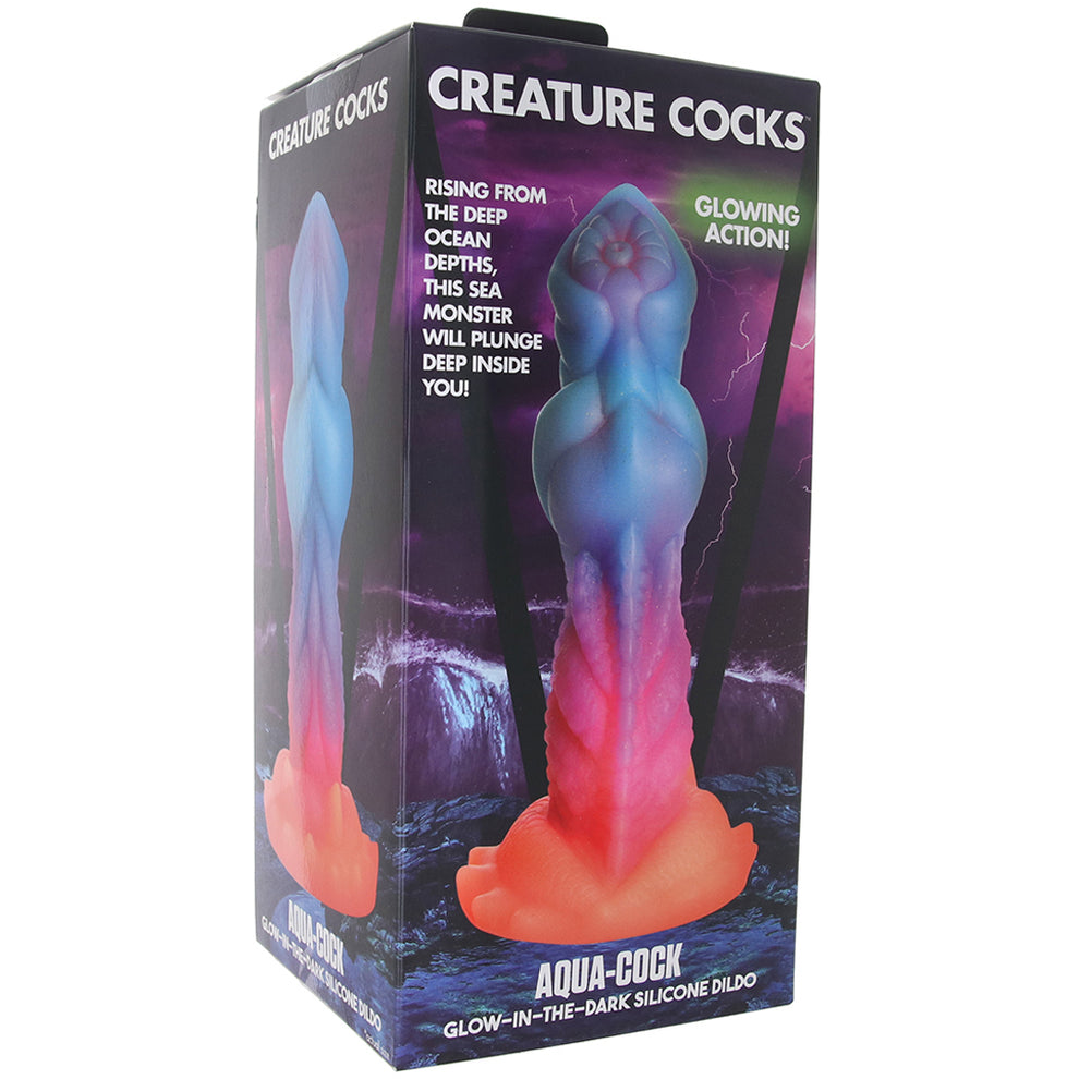 Creature Cocks Aqua-Cock glow in the dark fantasy tentacle dildo with blue and pink textured monster design