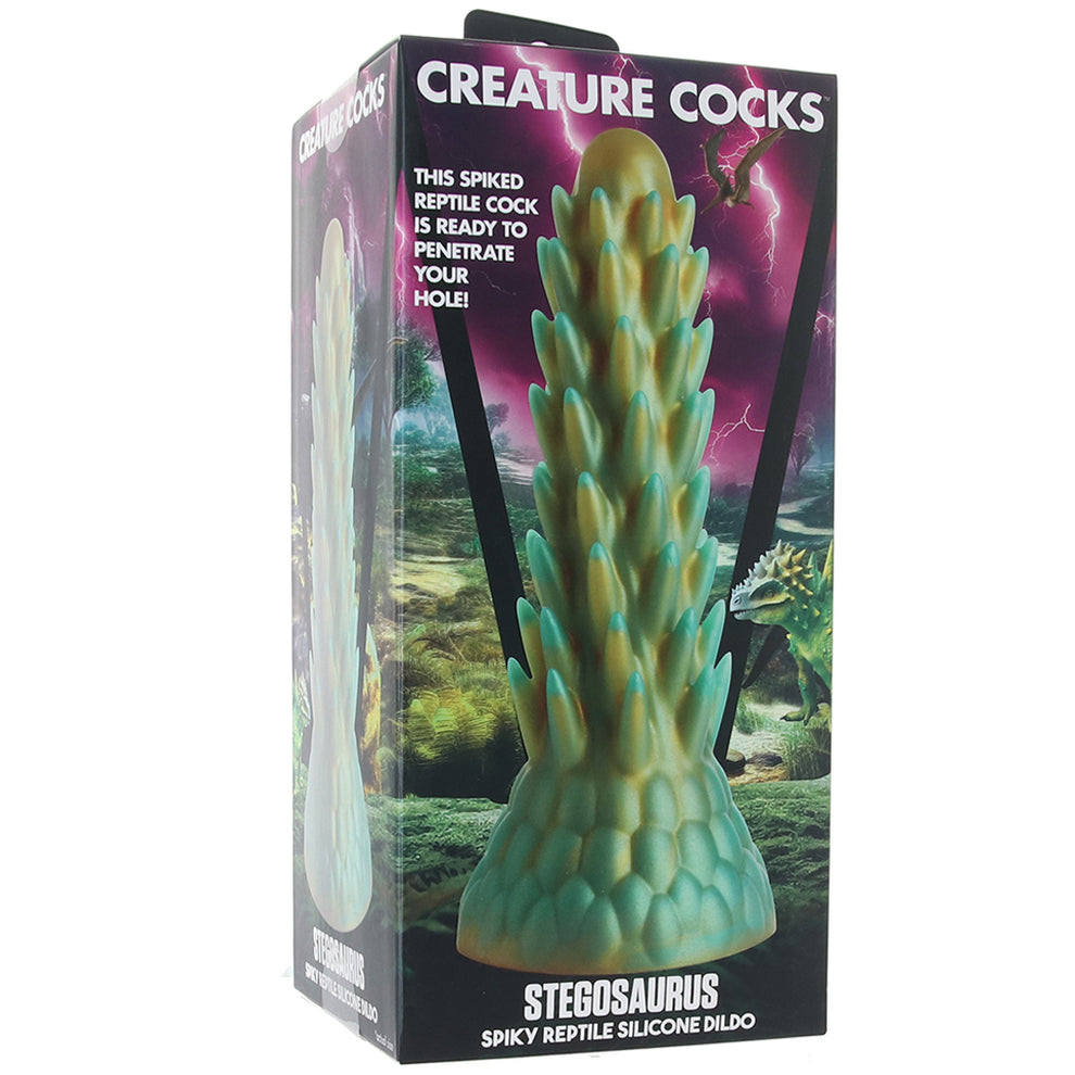 Creature Cocks Stegosaurus fantasy reptile dildo with soft spikes, scaled texture, and turquoise silicone design