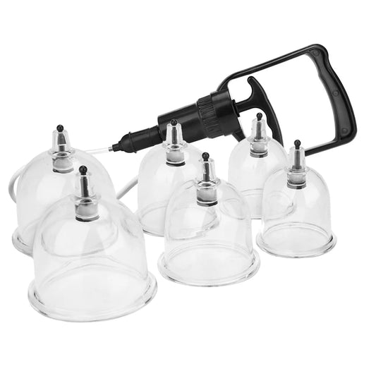 Erotic suction cupping set with clear cups and hand pump for BDSM sensory and nipple play
