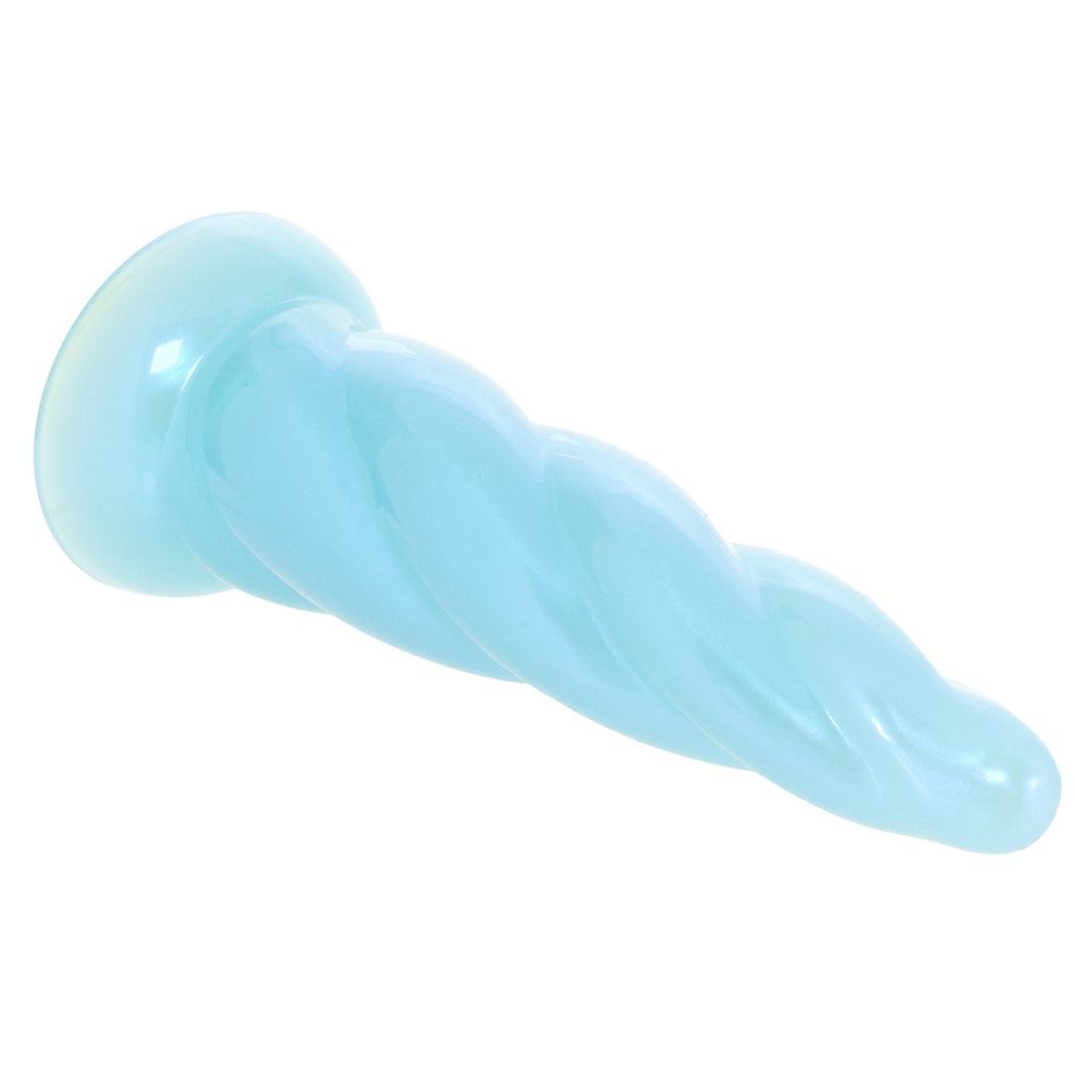 Fantasia Siren fantasy spiral dildo with twisted turquoise textured shaft and suction cup base for pegging and G-spot stimulation