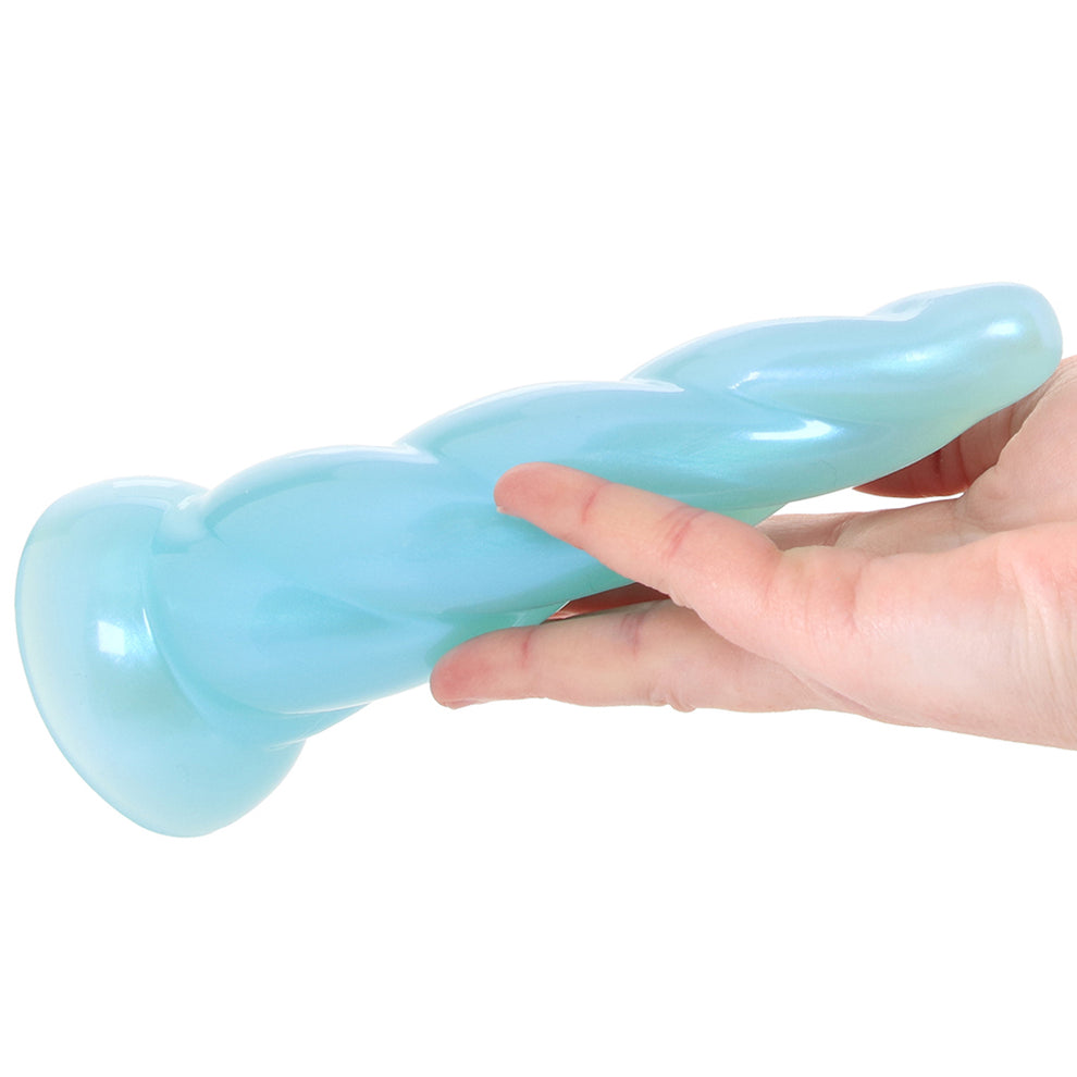 Fantasia Siren fantasy spiral dildo with twisted turquoise textured shaft and suction cup base for pegging and G-spot stimulation