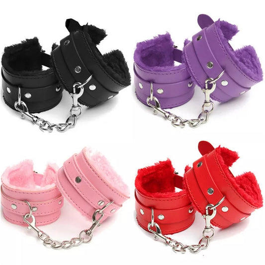 Faux leather furry handcuffs with plush lining and metal chain in multiple colors