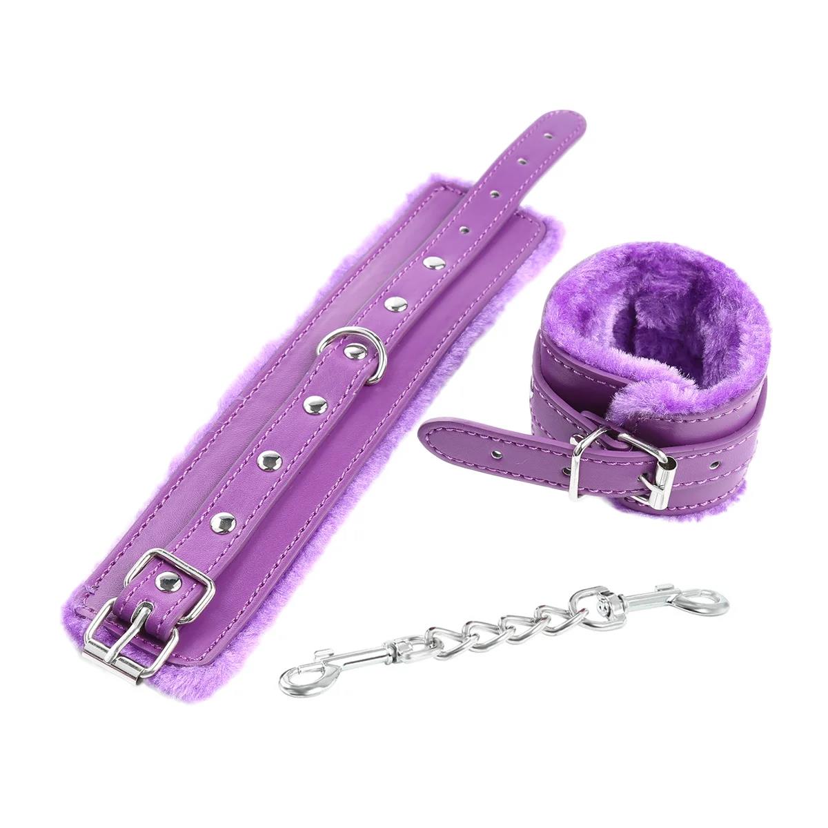Faux leather furry handcuffs with plush lining and metal chain in purple