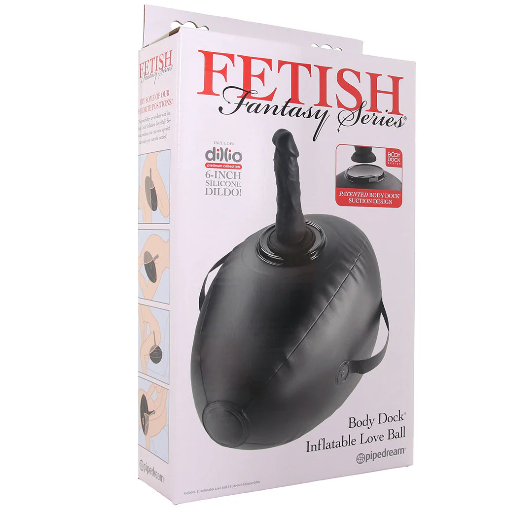 Fetish Fantasy inflatable sex position ball with attached black silicone dildo and body support straps