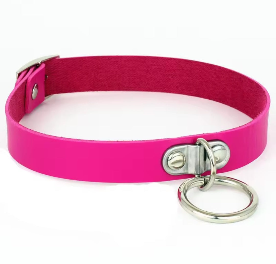 Hot Pink submissive collar with front metal ring