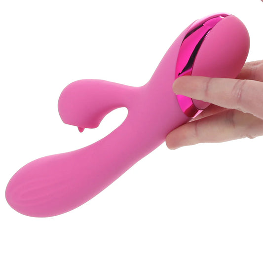 Juicy V-Gasm pink rabbit vibrator with licking clitoral stimulator and curved G-spot shaft